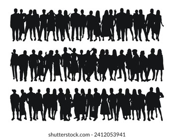 Set black silhouette of young couples of guys and girls, crowd, group, team, band, isolated vector