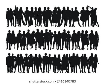 Set black silhouette of young couples of guys and girls, crowd, group, team, band, isolated vector