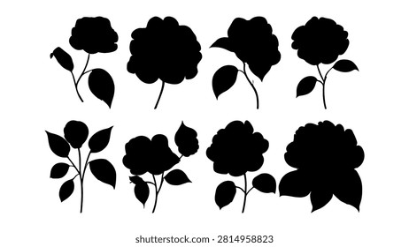 A set of black silhouetted flower shapes including roses, daisies, and other blossoms, ideal for artistic and decorative projects.