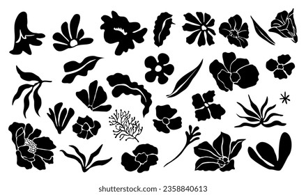 Set of black silhouettes of abstract leaves and flowers. Wild and garden flowers. Vector Black outline illustrations isolated on white background