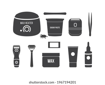 Set black silhouettes of accessories for shaving and hair removal. Razors with sharp blades, a sugar paste and wax heater, tweezers and epilator. Vector isolated illustrations.