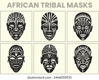 Set of black silhouettes of African tribal masks, a collection of African tribal masks in various compositions. Perfect for designs themed around Africa, culture, tribes, rituals, and totems.