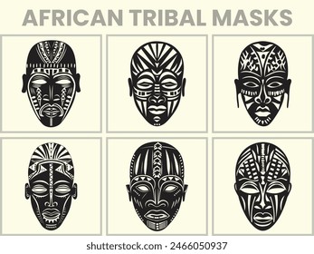 Set of black silhouettes of African tribal masks, a collection of African tribal masks in various compositions. Perfect for designs themed around Africa, culture, tribes, rituals, and totems.