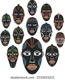 Set of black silhouettes of African tribal masks vector illustration