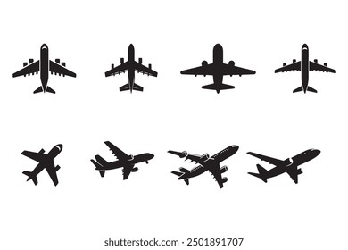 Set of black silhouettes of aircraft on a white background.