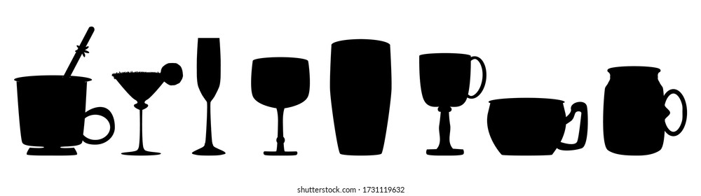 Set of black silhouettes alcohol glasses and cups for different drinks isolated on white background. For cocktail bar, restaurant banner, party poster, sale advertising, infographic. Stock vector