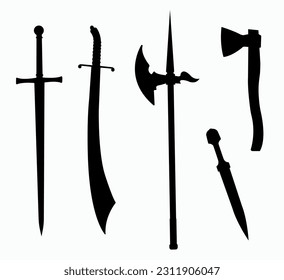 Montaje de ilustraciones vectoriales de siluetas de armas de borde antiguo