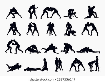 Set black silhouettes athlete wrestler in wrestling, duel, fight. Greco Roman  wrestling, martial art