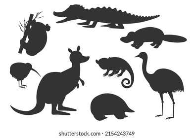 Set of black silhouettes of Australian animals. Kangaroo, koala and emu on a white background. Vector illustration EPS