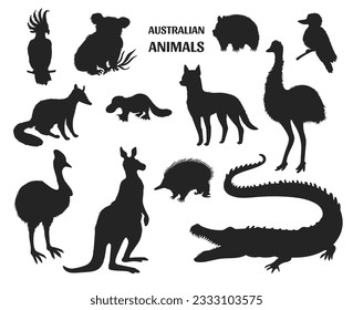 Set of black silhouettes of Australian animals - vector illustration isolated on white background. Icons of kangaroo, wombat, echidna, emu ostrich, crocodile, koala and cockatoo.