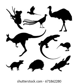 Set of black silhouettes of Australian animals. Kangaroo, koala and emu on a white background. Vector illustration