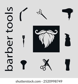 Set of black silhouettes of barber tools and icon with designer mustache in the center. Vector on a gray background