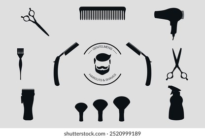 Set of black silhouettes of barber tools. Vector on a gray background