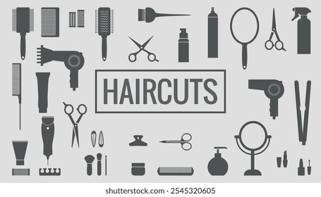 Set of black silhouettes of barber tools. Vector on a gray background
