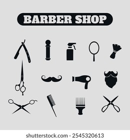 Set of black silhouettes of barber tools. Vector on a gray background