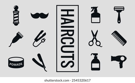 Set of black silhouettes of barber tools. Vector on a gray background