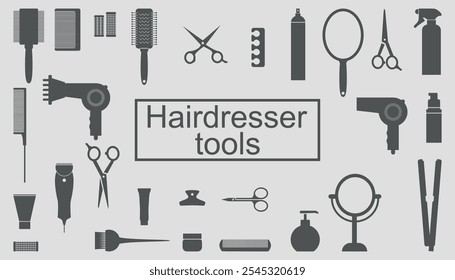 Set of black silhouettes of barber tools. Vector on a gray background