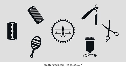 Set of black silhouettes of barber tools. Vector on a gray background
