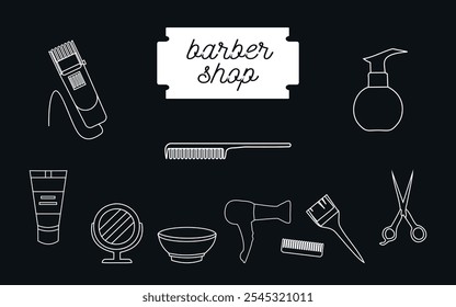 Set von schwarzen Silhouetten von Friseurwerkzeugen. Vektor auf schwarzem Hintergrund
