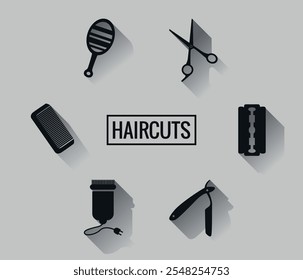 Set of black silhouettes of barber tools with barbershop logo. Vector on a gray background