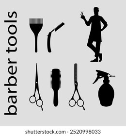 Conjunto de siluetas negras de herramientas de barbero y silueta de peluquero con tijeras. Vector sobre un fondo gris