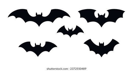Set of black silhouettes of bats. Creepy decoration of horror design for Halloween party. Spooky background for october night party and invitations. Flat vector stock illustration.