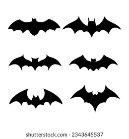 Set of black silhouettes of bats, design elements for Halloween, icons.