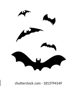Set of black silhouettes of bats. Horrific black bats swarm isolated on white vector Halloween background.