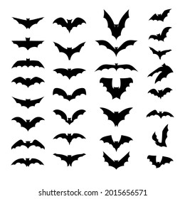 Set of black silhouettes of bats isolated on white background. Collection of flittermouse icons. Tattoo of bat vampire. Scary Halloween traditional design element. Vector illustration. eps 10.