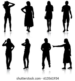 Set Black silhouettes of beautiful man and woman on white background. Vector illustration.
