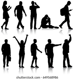 Set black silhouettes of beautiful man and woman on white background. Vector illustration.
