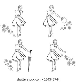 set of black silhouettes of a beautiful young girl in a dress and accessories