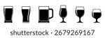 Set of black silhouettes of beer and wine glasses and mugs. Vector illustration.