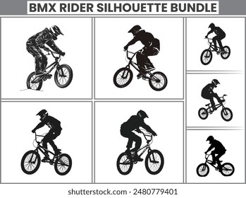 Set of black silhouettes of BMX riders, Cyclists jumping in various positions, gestures, and poses. It illustrates the concept of extreme sports, focusing on bicycles and vehicle dynamics