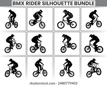 Set of black silhouettes of BMX riders, Cyclists jumping in various positions, gestures, and poses. It illustrates the concept of extreme sports, focusing on bicycles and vehicle dynamics