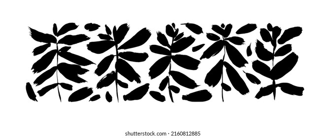 Set of black silhouettes bold leaves and twigs. Hand drawn vector eucalyptus foliage, herbs, tree branches. Hand drawn botanical elements isolated on white. Black painted plant branches. 