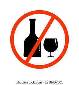 A set of black silhouettes of a bottle and a glass in a red crossed out circle. Vector clip art isolate on white. Alcohol ban illustration.