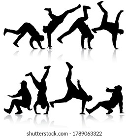 Set Black Silhouettes breakdancer on a white background