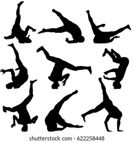 Set Black Silhouettes breakdancer on a white background