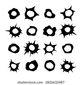 A set of black silhouettes of bullet holes of various shapes with jagged edges and cracks. Themes of crime, war, computer games, and military news. Frame, blot, repair. Vector. Icon.