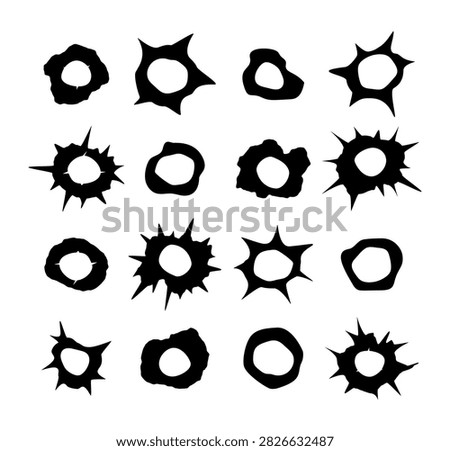 A set of black silhouettes of bullet holes of various shapes with jagged edges and cracks. Themes of crime, war, computer games, and military news. Frame, blot, repair. Vector. Icon.
