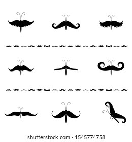 Set of black silhouettes of butterflies, vector moth seamless pattern. Butterfly collage made of men moustaches, icon shapes isolated on white background