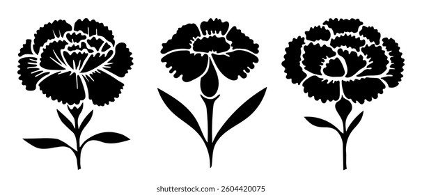 Set of black silhouettes of carnation flowers with leaves isolated on white background