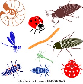 Set of black silhouettes of cartoon insects isolated on white background
