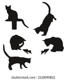 Set of black silhouettes of cats with a fish. Vector illustration