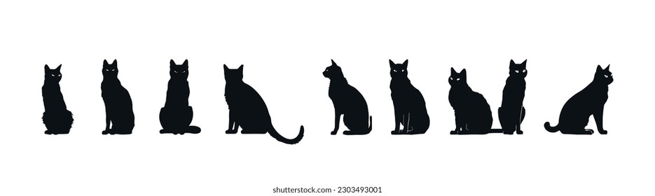 Set of black silhouettes of cats isolated on white background, vector illustration