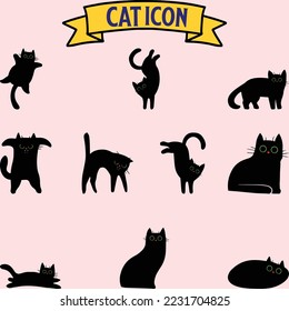 Set black silhouettes of cats and kittens cat footprints isolated on a white background