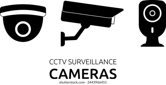 Conjunto de siluetas negras de cámaras CCTV. Cúpula, mini cámaras. Colección Sistemas de seguridad, seguridad. Vigilancia. Equipamiento con lente. Imagen en blanco y negro. Objeto aislado. Ilustración vectorial