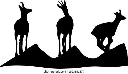 Set of black silhouettes of chamois climbing uphill isolated on white background. Illustration.