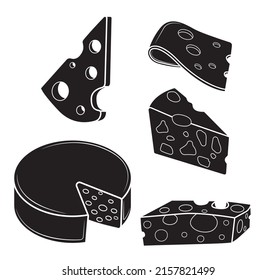Set of black silhouettes of cheeses in isolate on a white background. Vector illustration.